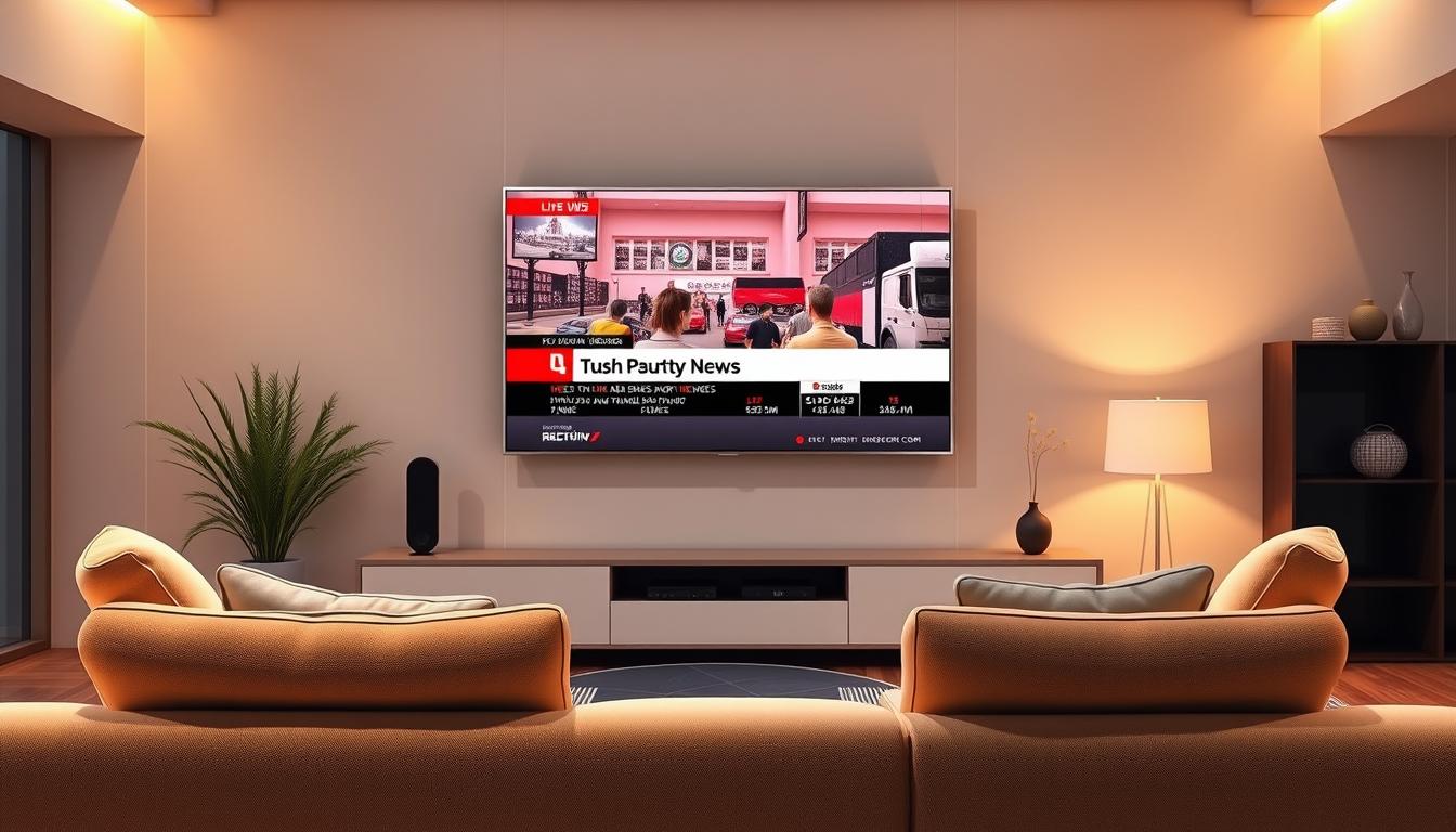 A high-quality, ultra-realistic digital illustration showcasing a modern living room with a large, flat-screen TV displaying a live stream of a news broadcast. The TV is placed prominently in the center of the frame, with a clean, minimalist design and sleek, metallic accents. The room is bathed in soft, warm lighting, creating a cozy and inviting atmosphere. In the foreground, a comfortable sofa and armchair are arranged facing the TV, suggesting a relaxed, at-home viewing experience. The background features a neutral-toned wall, with a few subtle decorative elements, such as a potted plant or a piece of art, to add visual interest without distracting from the main focus - the live TV display.