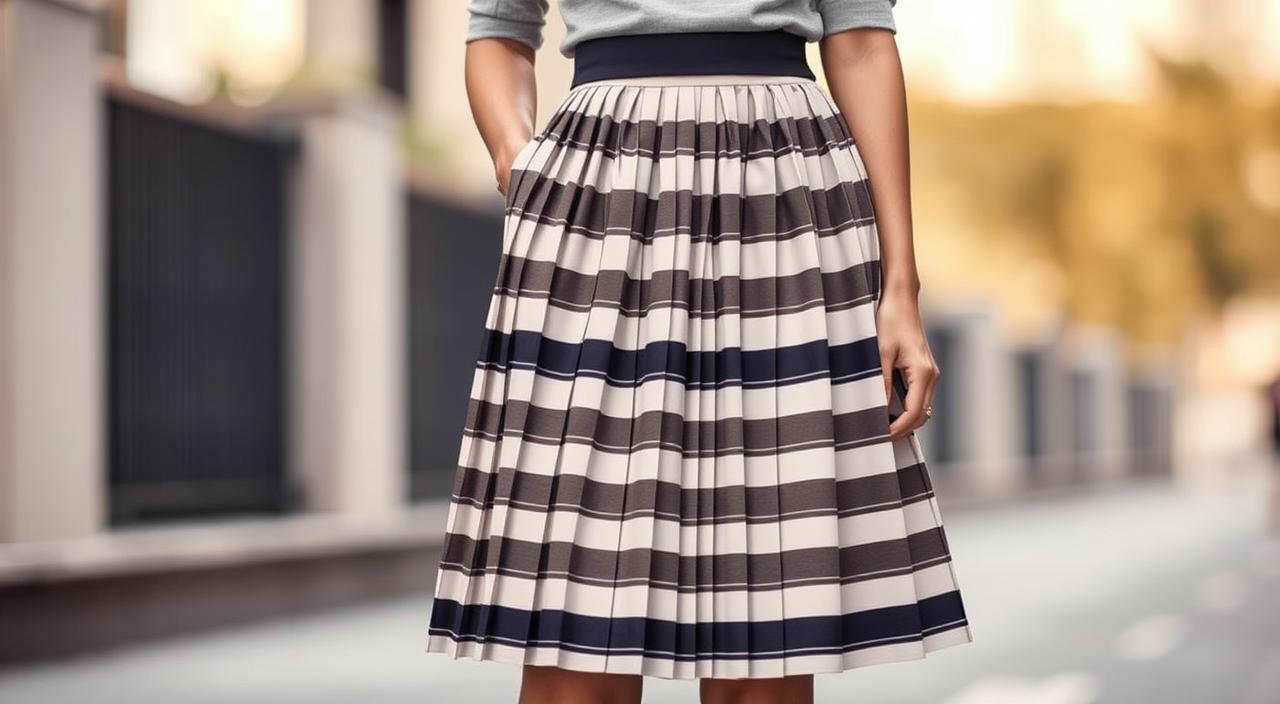 A casually styled outfit featuring a pleated, striped skirt that exudes a modern and elegant aesthetic. The skirt has a mid-length cut, with alternating light and dark horizontal stripes creating a visually striking pattern. The model is captured in a three-quarter length shot, standing confidently against a softly blurred, natural backdrop, perhaps a city street or urban setting. The lighting is soft and diffused, casting gentle shadows and highlights that accentuate the textures and lines of the outfit. The mood is one of casual sophistication, with the model's posture and expression conveying a sense of effortless style and confidence.