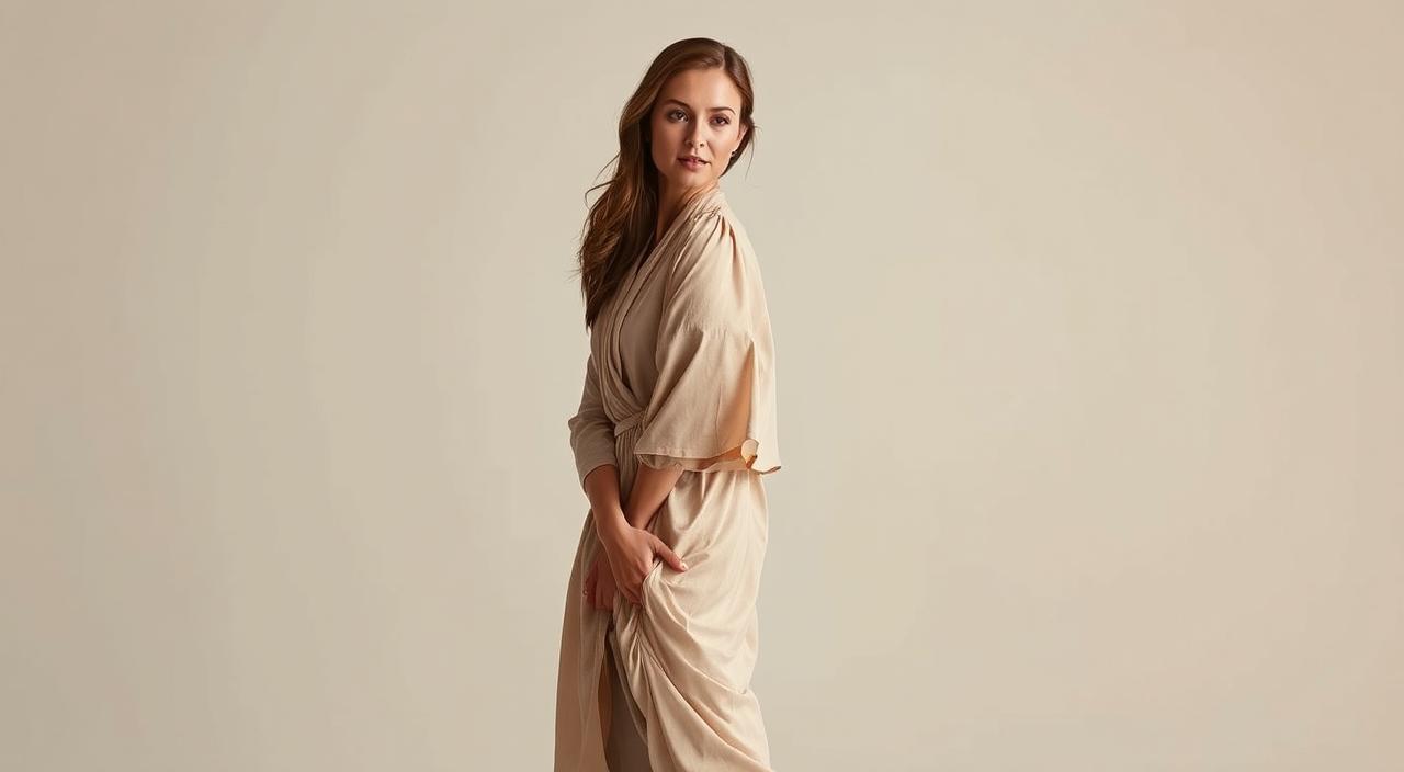 An elegant, fashion-forward woman stands in a well-lit studio, her figure gracefully accentuated by strategically placed layers of flowing fabric. The soft, mid-tone lighting casts a warm, inviting glow, highlighting the subtle textures and drapes of her outfit. Her pose is relaxed yet confident, drawing the viewer's eye to her face, which exudes a serene, poised expression. The background is simple and uncluttered, allowing the subject to take center stage and showcase the flattering, slimming silhouette created by the layered garments. The overall atmosphere is one of effortless style and sophistication, perfectly capturing the essence of the article's section on using layers to conceal and flatter a larger midsection.