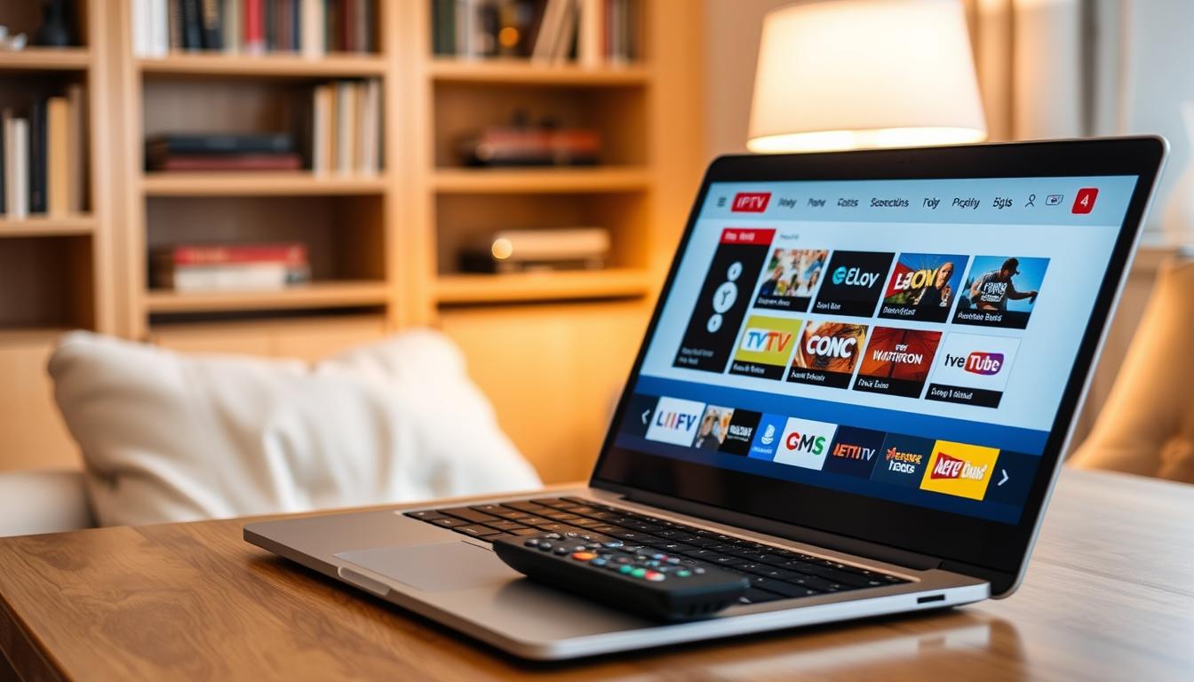 A cozy home entertainment setup with a laptop, remote control, and an IPTV service interface on the screen. The laptop is placed on a wooden table, with a warm lamp illuminating the scene. The background features a blurred bookshelf, creating a sense of a comfortable, study-like environment. The IPTV interface displays a variety of live TV channels, suggesting the ease of accessing content without the need for traditional cable or satellite subscriptions. The overall mood is one of relaxation and practicality, highlighting the convenience of testing IPTV services before committing to a purchase.