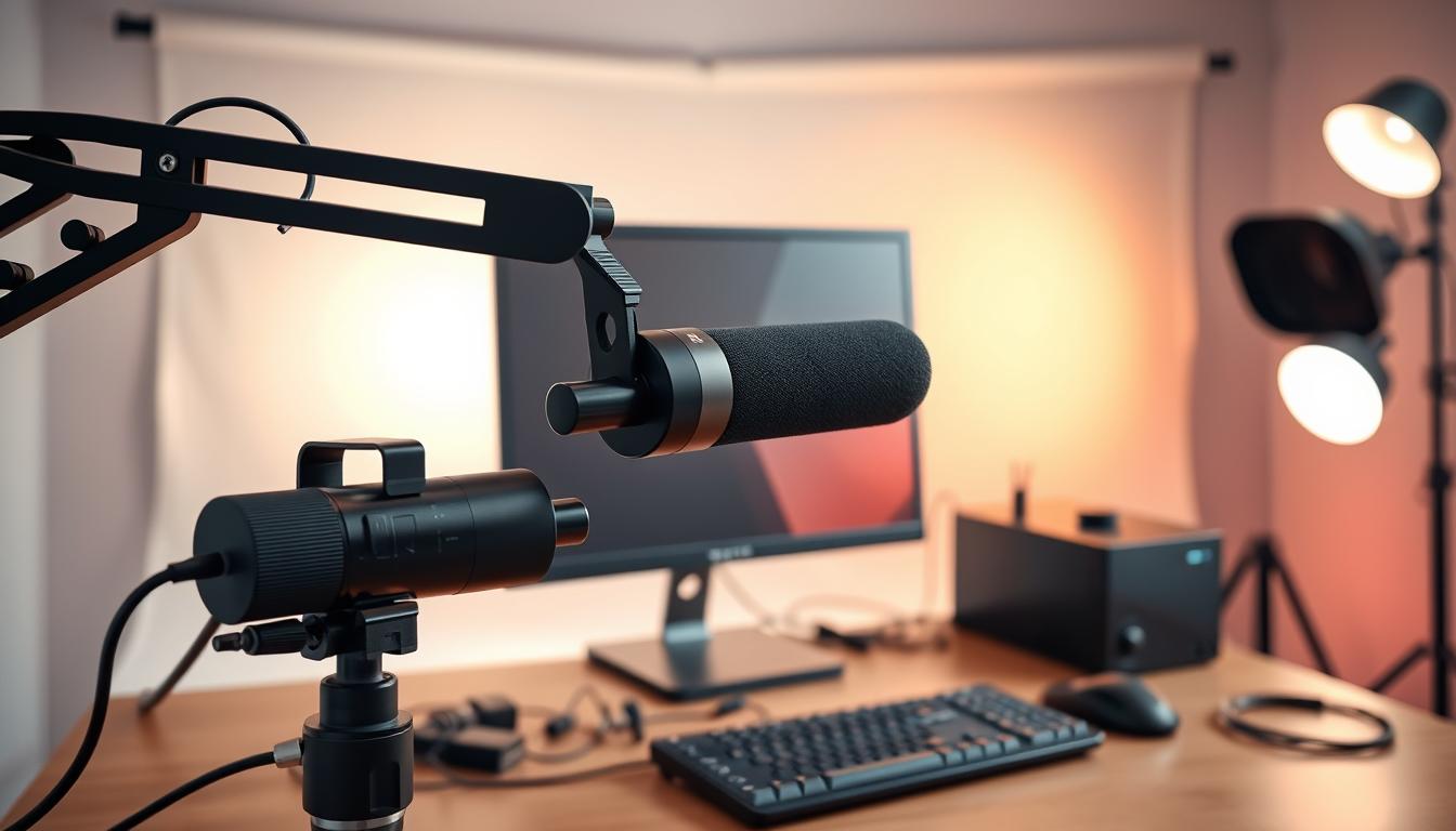 High-quality photograph of a desk setup for professional streaming, with a modern, minimalist aesthetic. In the foreground, a high-end webcam and a professional-grade microphone on a desk arm. In the middle ground, a sleek gaming PC and monitor, along with various cables and adapters. In the background, a softly lit studio backdrop, creating a warm, inviting atmosphere. The lighting is balanced, with a combination of natural and artificial sources, giving the scene a professional, yet approachable feel. The overall composition emphasizes the key equipment needed for a well-equipped streaming setup.