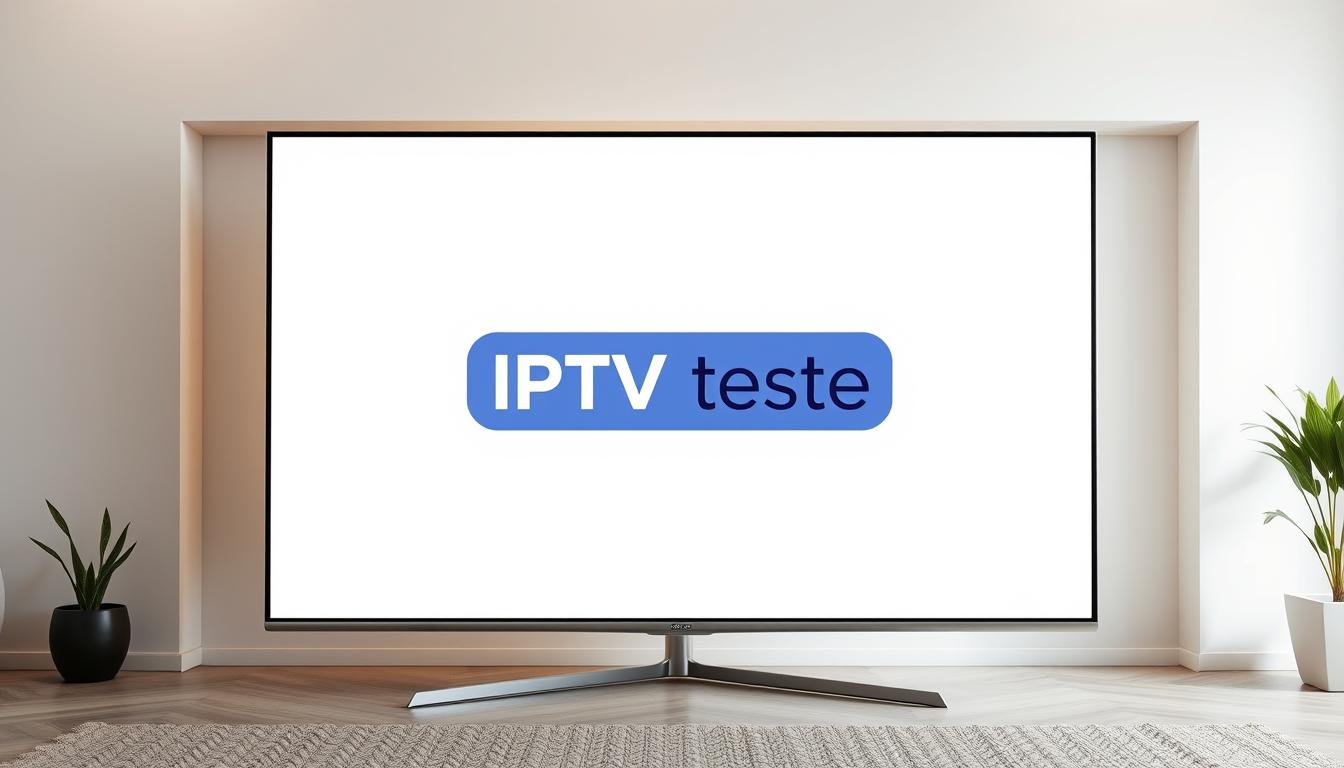 A sleek, modern smart TV screen displaying the "IPTV teste" logo against a minimalist backdrop. The screen is illuminated with a soft, warm glow, creating a welcoming and inviting atmosphere. The TV is situated in a well-lit, contemporary living room setting, with clean lines, muted color tones, and subtle hints of nature through potted plants or natural wood accents. The overall composition conveys a sense of simplicity, technology, and comfort, reflecting the idea of effortless online television viewing.