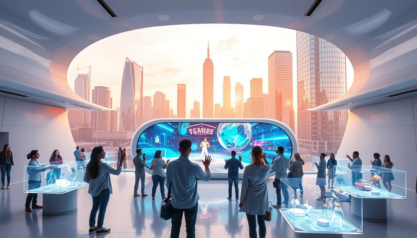 A futuristic entertainment hub set in a sleek, minimalist cityscape. In the foreground, a group of people engage with holographic displays, seamlessly controlling virtual environments with hand gestures. The middle ground features a large, curved screen displaying vibrant, ever-changing visuals, while the background showcases a skyline of towering, glass-paneled buildings bathed in a warm, golden light. The scene exudes a sense of technological advancement, interactivity, and a glimpse into the immersive, multisensory experiences of the future of entertainment.