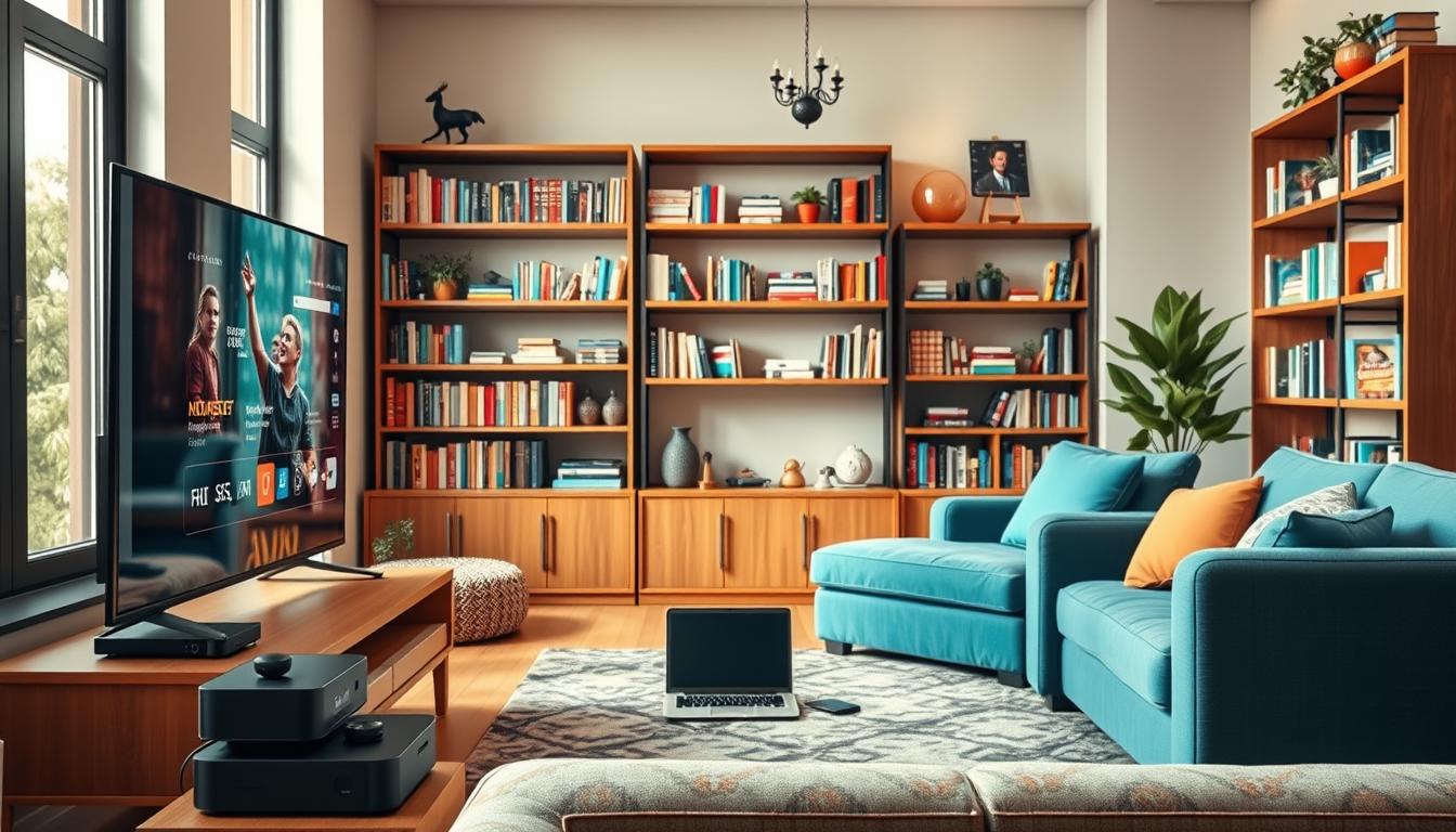A vibrant and modern living room scene showcasing an array of affordable entertainment options. In the foreground, a sleek smart TV and streaming devices sit atop a minimalist TV stand. A comfortable sofa and armchair invite viewers to relax and immerse themselves in the digital content. The middle ground features a laptop, tablet, and smartphone, representing the versatility of on-demand and personalized entertainment. The background depicts shelves filled with books, board games, and other low-cost leisure activities, conveying a sense of balance and diversity in the household's entertainment choices. Warm, natural lighting filters through large windows, creating a cozy and inviting atmosphere.