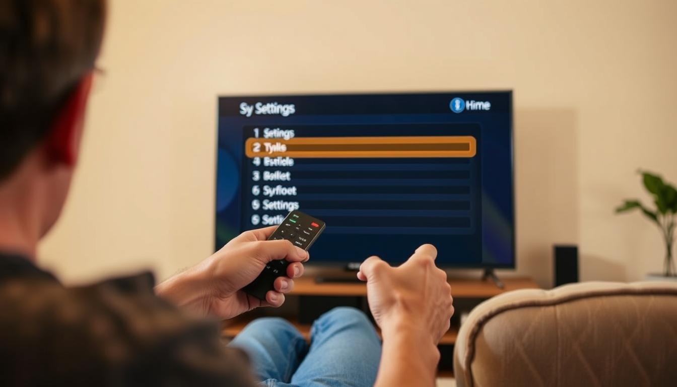 A detailed step-by-step guide on configuring a smart TV. The image shows a person sitting on a couch, intently focused on a smart TV remote control in their hands. The TV screen in the background displays a setup menu with various settings options. The lighting is warm and inviting, creating a cozy living room atmosphere. The camera angle is slightly elevated, offering a clear view of the process. The overall scene conveys a sense of simplicity and ease, reflecting the article's goal of providing uncomplicated TV setup tips.