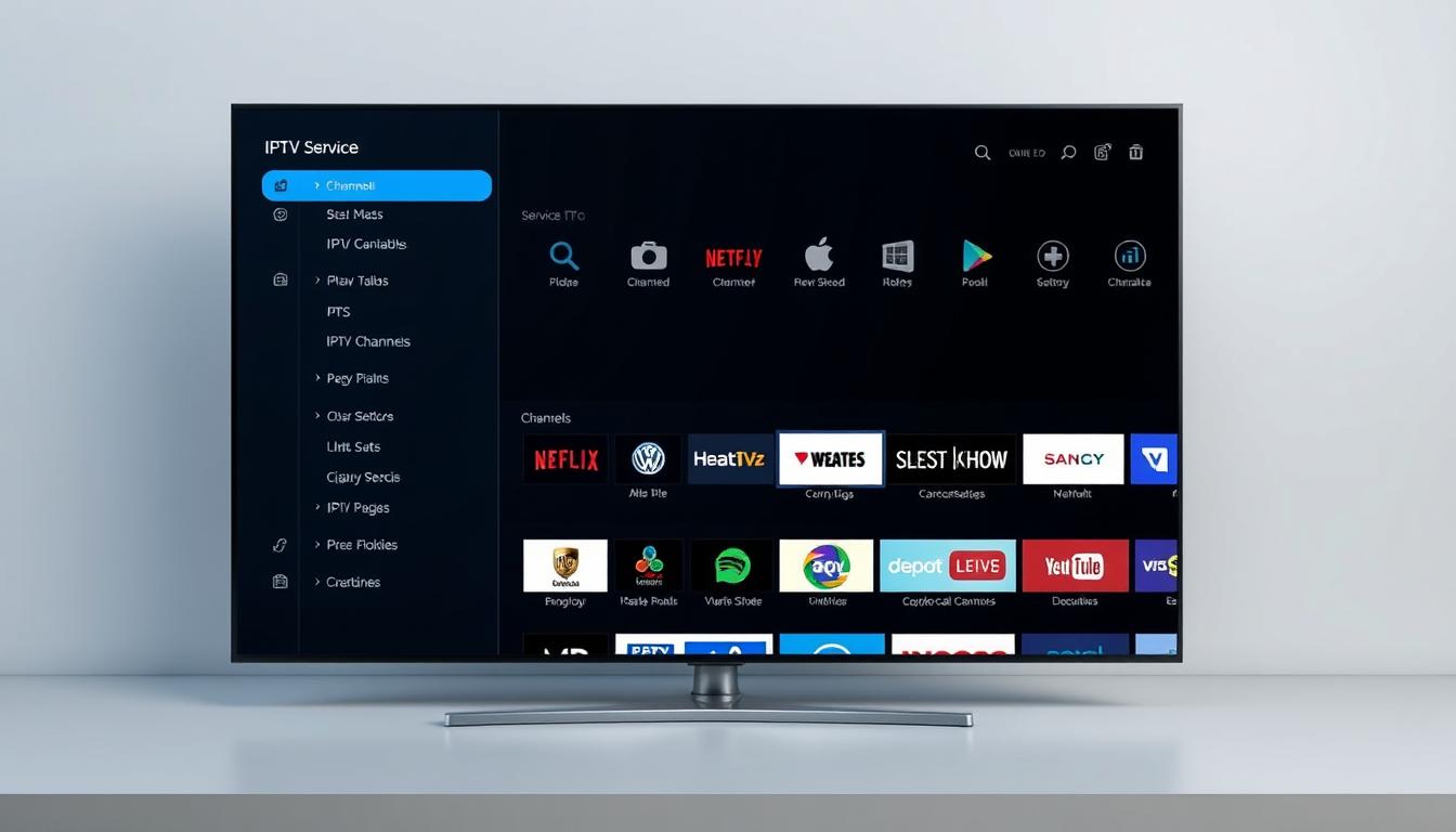 A sleek, modern interface depicting a comprehensive IPTV service listing. In the foreground, a clean grid layout showcases various IPTV channel icons and logos, arranged neatly. The midground features a sidebar with filtering and search options, allowing users to easily navigate the extensive IPTV offerings. The background is a minimalist, gradient-based design, creating a sense of depth and focus on the central IPTV content. The overall aesthetic is sophisticated, elegant, and user-friendly, reflecting the simplicity and convenience of modern IPTV alternatives to traditional TV subscriptions.