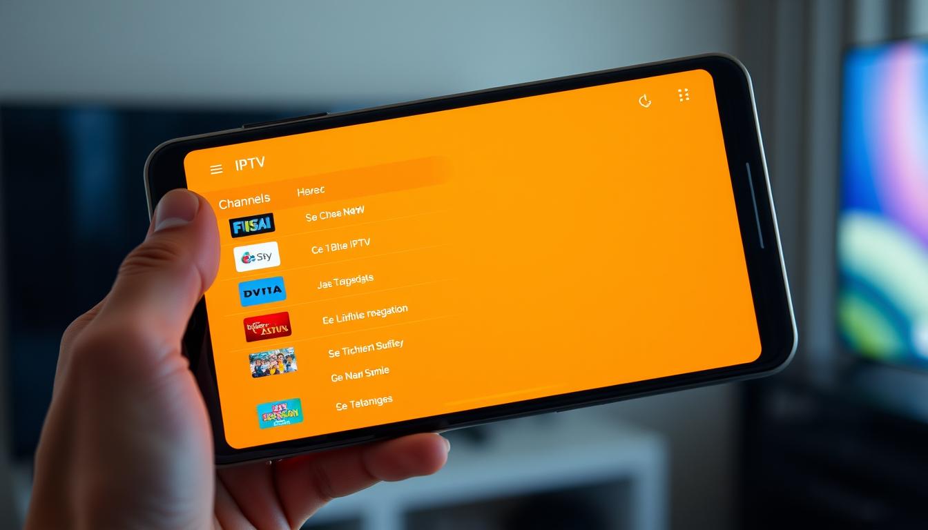 Como ver canais ao vivo sem parabólica 1 A high-resolution, photorealistic image of a mobile device screen displaying a list of IPTV channels. The screen is well-lit, with a warm, inviting color palette. The channel list is prominently featured, showcasing a diverse array of live TV options. The user interface is clean and intuitive, with clear category labels and channel icons. The device is held in a hand, suggesting the accessibility and convenience of IPTV for watching live television without a traditional parabolic antenna. The overall scene conveys the idea of a seamless, modern television viewing experience.