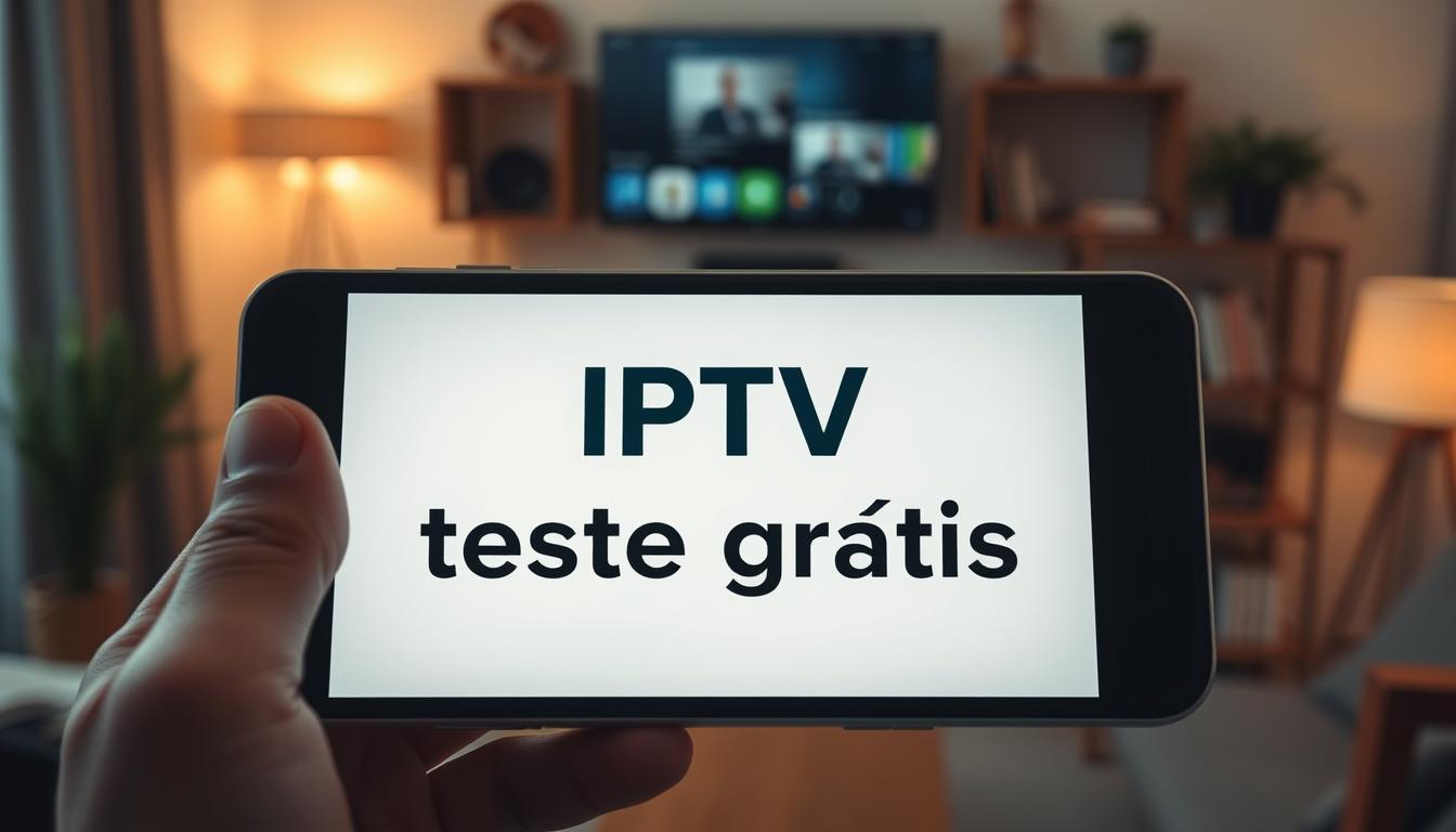 Veja como assistir TV em viagens ou no trabalho A striking, high-resolution image of the text "IPTV teste grátis" displayed on a sleek, modern smartphone or tablet device. The screen is backlit with a soft, warm glow, creating a cozy, inviting atmosphere. The device is held in the foreground, with a blurred background of a cozy living room or workspace, conveying a sense of mobility and convenience. The lighting is natural yet dramatic, casting subtle shadows and highlights on the device. The composition is balanced and visually appealing, drawing the viewer's attention to the alluring offer of "free IPTV trial".