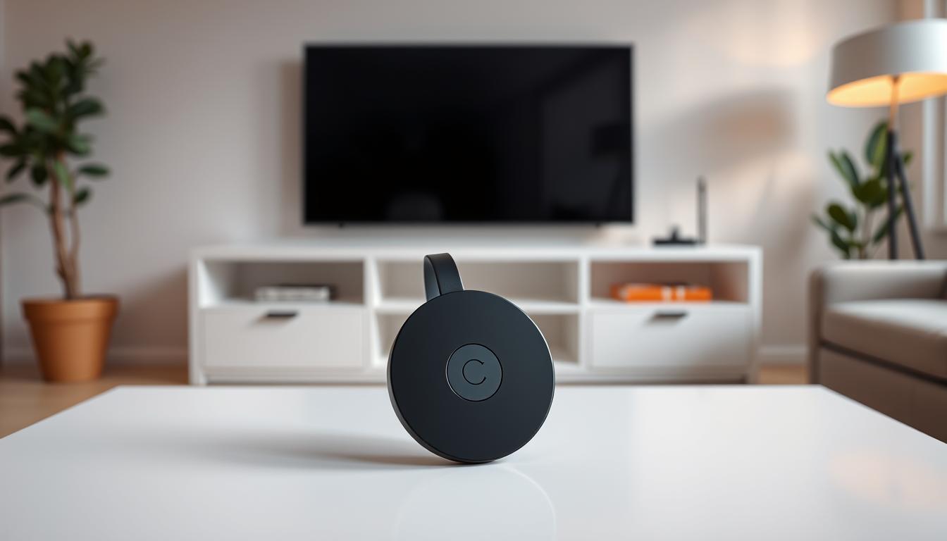 A high-quality, detailed, and photorealistic image of a Chromecast device set against a minimalist, modern living room backdrop. The Chromecast is prominently featured in the center of the frame, its sleek, compact design and distinctive HDMI connector clearly visible. The device is positioned atop a clean, white entertainment stand or media console, with a large, flat-screen TV in the background, suggesting its role in transforming a regular TV into a smart, connected display. The lighting is soft and warm, creating a cozy, inviting atmosphere. The scene conveys a sense of simplicity, convenience, and seamless technological integration into the home environment.