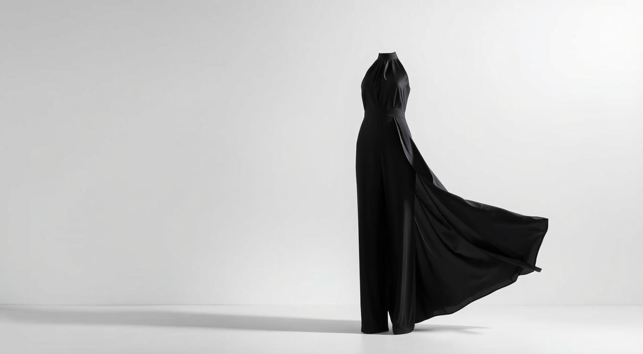 A formal black jumpsuit with a sleek, tailored silhouette, accented by a subtle sheen and a high neckline. The fabric flows elegantly, creating a refined and sophisticated look. The jumpsuit is set against a minimalist backdrop, with soft lighting that casts gentle shadows, emphasizing the garment's refined details. The overall mood is one of understated elegance, suitable for an evening event or formal occasion.