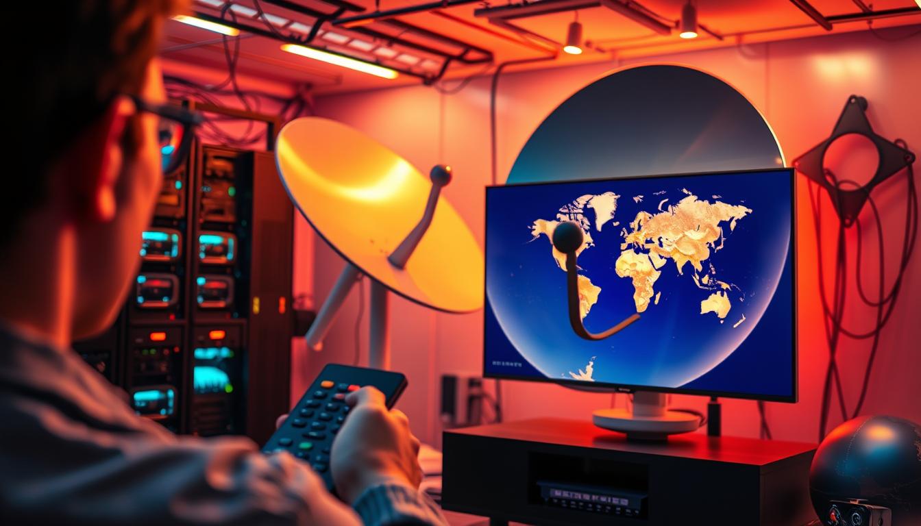 A vibrant scene depicting various methods for accessing international channels. In the foreground, a person holding a remote control, their gaze focused intently on a sleek, modern television set displaying a global map. In the middle ground, a satellite dish stands tall, its reflective surface catching the warm glow of ambient lighting. The background is a blend of technology and worldly elements, with computer servers, network cables, and a globe prominently displayed, conveying a sense of interconnectedness and global reach. The overall tone is one of exploration, discovery, and the seamless integration of international media into everyday life. Subtle hints of futuristic design elements add a touch of sophistication to the composition.