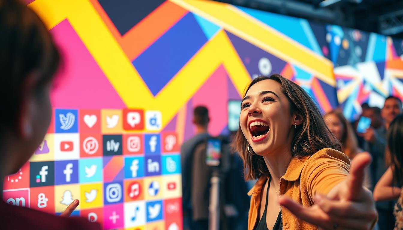 A vibrant and dynamic live content promotion scene on social media. In the foreground, an influencer enthusiastically engages with their audience during a live stream, their face animated and expressive. In the middle ground, a collage of various social media platforms and icons, representing the diverse channels for live content distribution. In the background, a backdrop of bold, colorful geometric shapes and patterns, conveying a sense of energy and movement. The lighting is warm and inviting, creating a professional and high-quality atmosphere. The overall composition emphasizes the importance of social media in amplifying and promoting live content to a wide, engaged audience.