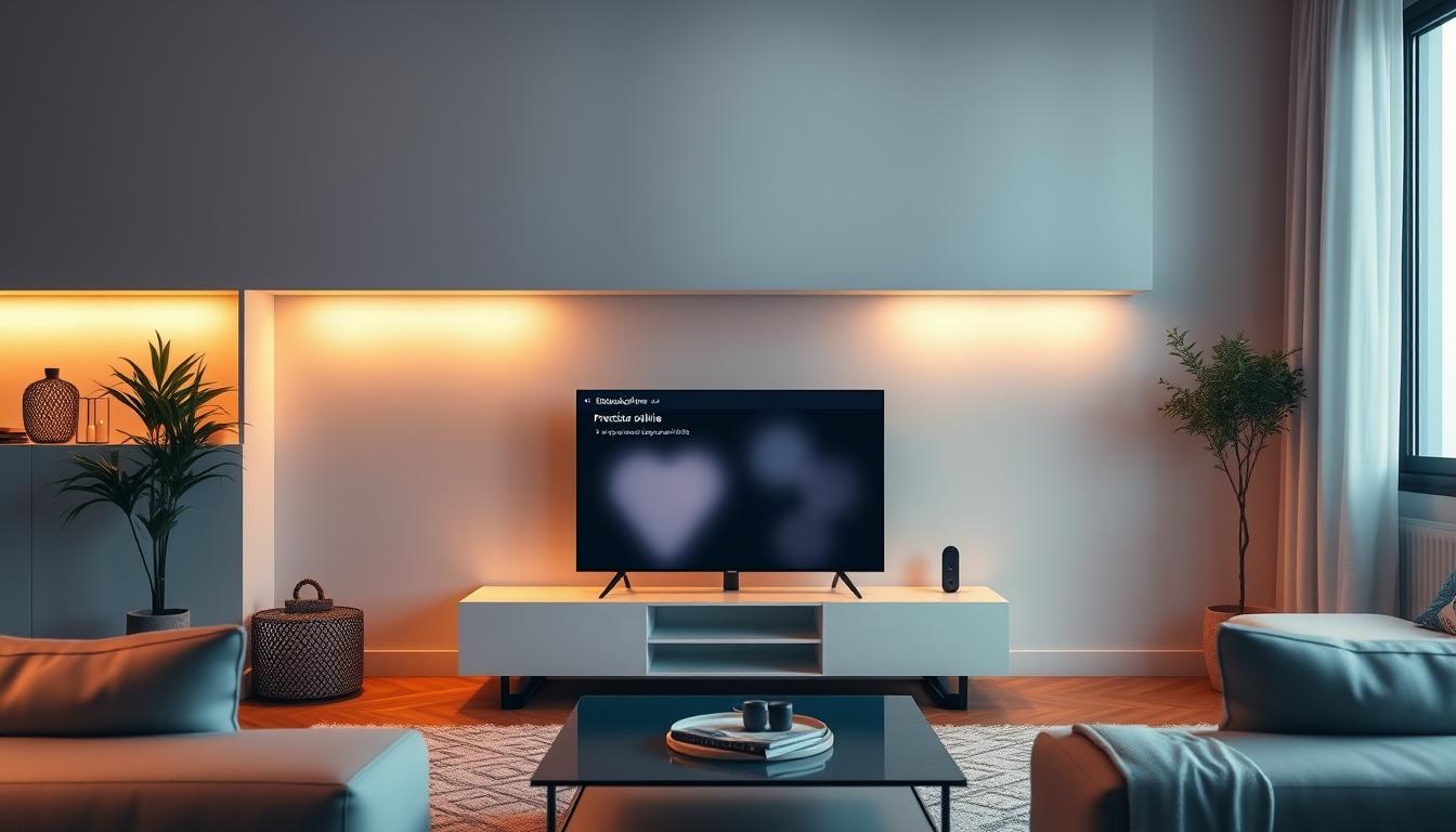 A serene living room with a modern, sleek TV set prominently displayed. The TV screen shows a web browser interface with a security icon and the words "Proteção online TV" displayed prominently. The room is bathed in warm, soft lighting, creating a cozy and inviting atmosphere. The furniture and decor reflect a minimalist, Scandinavian-inspired design aesthetic. The overall scene conveys a sense of digital security and comfort in the home environment.