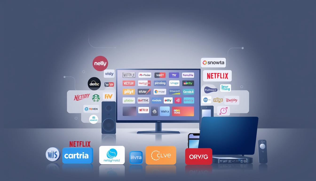 A lively illustration of online TV subscriptions, showcasing a modern and sleek design. The foreground features various streaming service logos arranged in a visually appealing composition, conveying the breadth of options available to viewers. The middle ground depicts several devices, such as a smart TV, laptop, and mobile phone, representing the different platforms people use to access online TV content. The background maintains a minimalist, technology-inspired aesthetic with clean lines and subtle gradients, creating a sense of sophistication and innovation. The lighting is soft and diffused, lending a sense of professionalism and high-quality. The overall mood is one of accessibility, convenience, and the evolving landscape of modern television consumption.