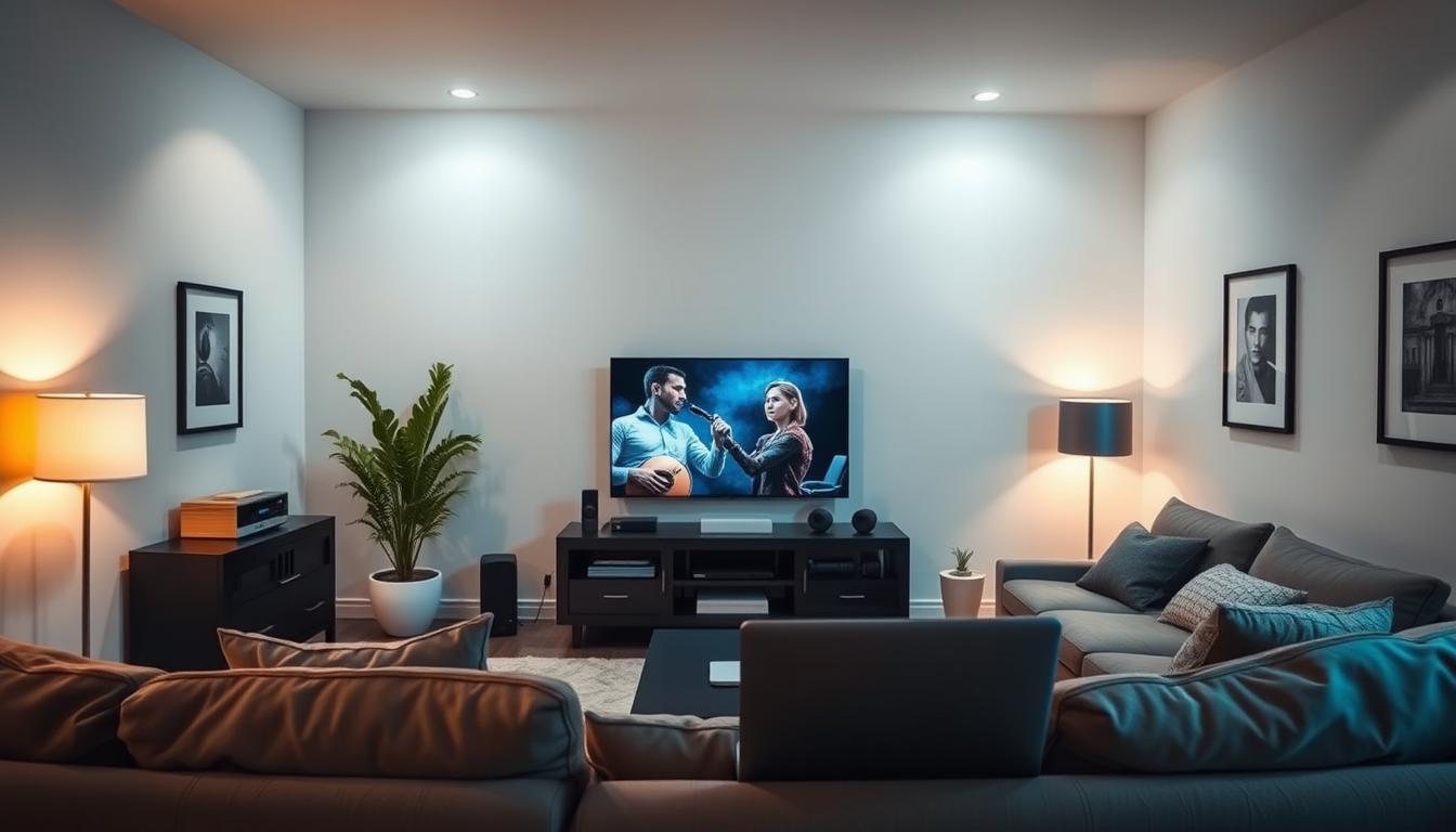 A sleek, modern living room with a cozy, minimalist vibe. The room is filled with a variety of electronic devices, including a large flat-screen TV, a tablet, a smartphone, and a laptop, all seamlessly integrated and connected. The devices are arranged in a visually appealing way, creating a sense of harmony and balance. The lighting is soft and indirect, with a warm, inviting glow that sets the mood. The room is decorated with a few simple, elegant touches, such as a potted plant and a framed piece of art on the wall, adding to the overall aesthetic. The scene conveys the idea of effortless, multi-device entertainment and connectivity, perfectly capturing the essence of the article's subject.