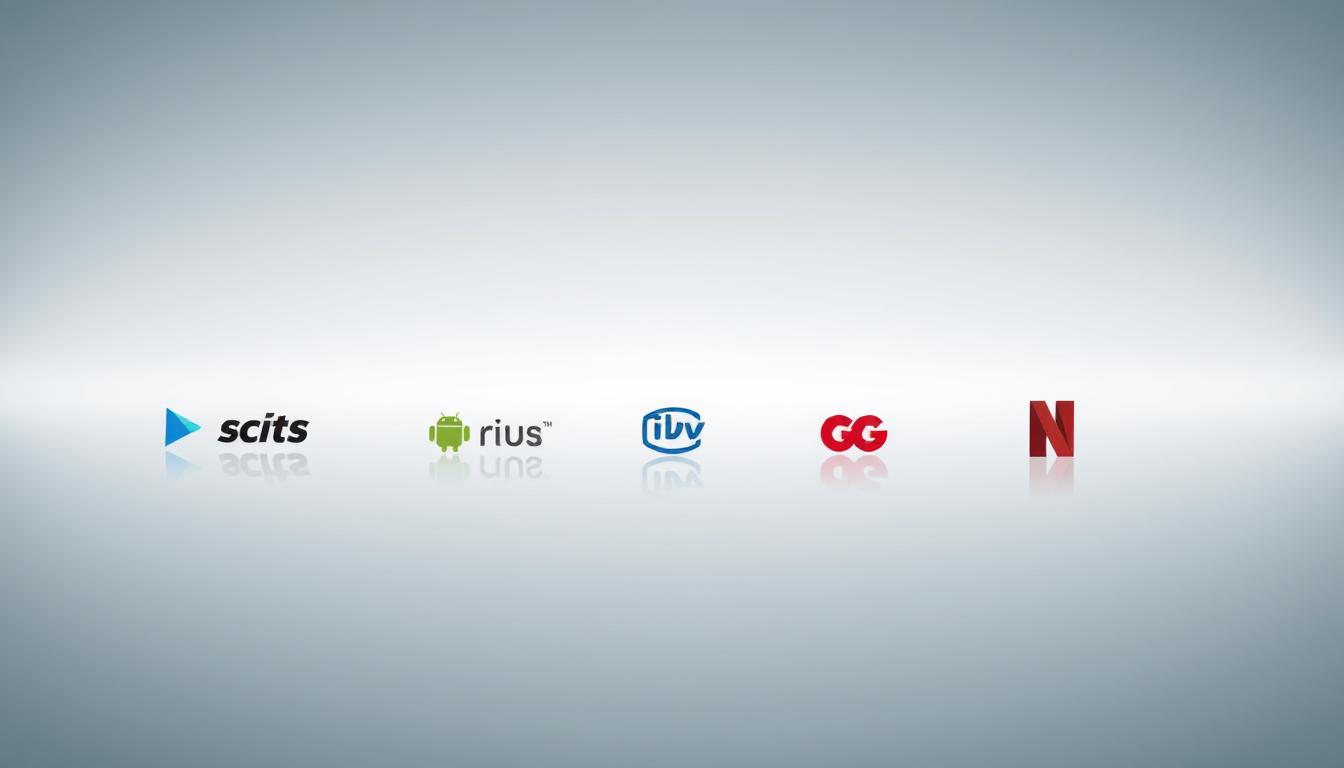 Plataformas de streaming gratuitas em um layout limpo e moderno. Vários ícones e logotipos de serviços de streaming populares dispostos em um plano de fundo cinza claro com uma iluminação suave e difusa. Uma composição simétrica e equilibrada, com os elementos alinhados de forma elegante. A paleta de cores é sóbria e minimalista, com toques de azul, verde e vermelho para destacar as diferentes opções. A imagem transmite a ideia de uma variedade de alternativas de streaming sem custos, prontas para serem exploradas.