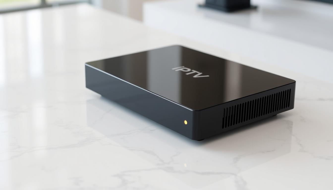 A sleek, modern IPTV device resting on a clean, minimalist tabletop. The device has a glossy black finish, sharp edges, and a subtle LED indicator light. It sits atop a white marble or quartz surface, creating a high-end, sophisticated atmosphere. The lighting is soft and even, highlighting the device's elegant design. The camera angle is slightly elevated, giving a professional, product-focused perspective. The background is blurred, keeping the focus on the IPTV device as the central subject. This image conveys the idea of a reliable, high-quality IPTV setup that can elevate one's home entertainment experience.
