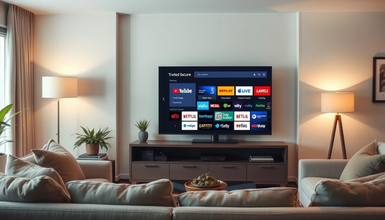 A well-lit, modern living room with a comfortable couch and large television set on a media console. The TV screen displays a selection of trusted, secure streaming services, represented by clear, easy-to-recognize icons. The room is accented with warm, cozy lighting and tasteful decor, conveying a sense of relaxation and confidence in the chosen entertainment options. The overall scene suggests a reliable, enjoyable at-home viewing experience.