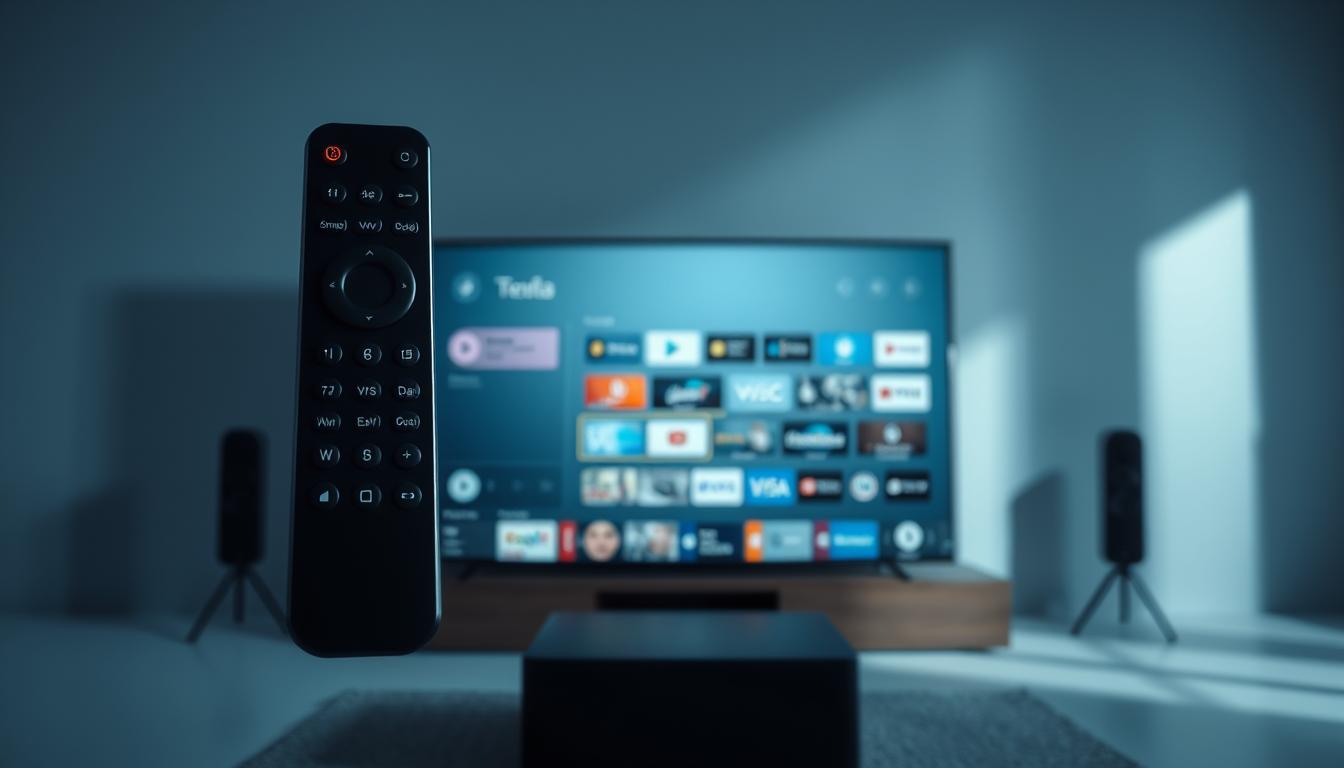 A personalized TV programming interface floats in a minimalist workspace. In the foreground, a sleek remote control hovers, its intuitive buttons glowing softly. The middle ground features a widescreen display, showcasing a meticulously curated channel grid with tailored icons and labels. In the background, a soothing gradient of cool blues and grays sets the tone, conveying a sense of control and effortless customization. Dramatic lighting from the side casts dynamic shadows, adding depth and a touch of cinematic flair. The overall atmosphere evokes a feeling of seamless, personalized entertainment at your fingertips.