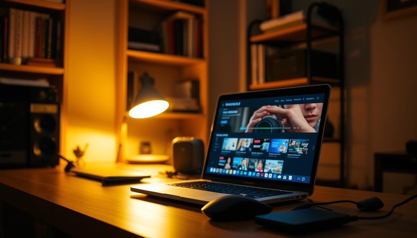 A dimly lit home office setup, the glow of a computer screen illuminating the scene. On the desk, a laptop displays a video player interface, showcasing various online TV streaming options. In the foreground, a wireless mouse and keyboard sit ready for user interaction. The background features shelves filled with books and tech accessories, creating a cozy, productivity-focused atmosphere. Warm, focused lighting highlights the central elements, conveying a sense of concentration and stability for reliable online TV viewing.