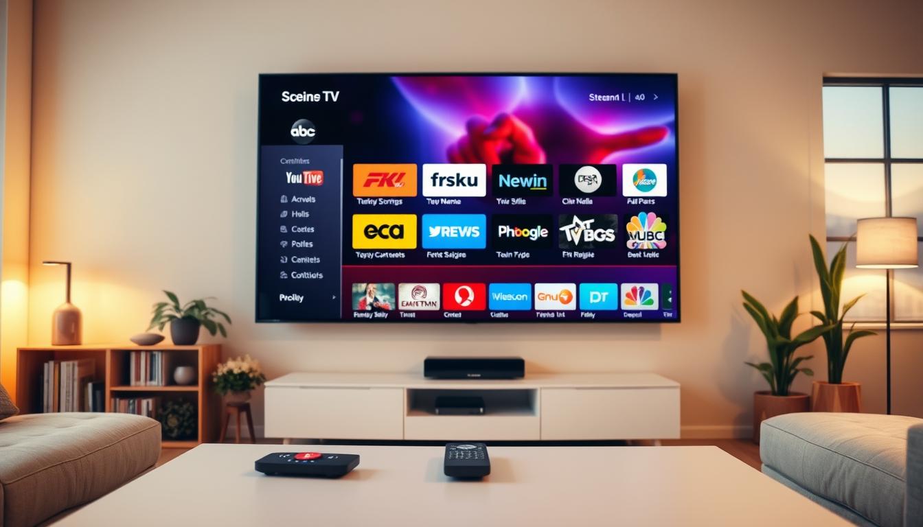 A cozy living room with a large flat-screen TV mounted on the wall. The screen displays a vibrant, high-definition live stream of various TV channels, with a sleek on-screen interface showcasing channel logos and program information. Soft, warm lighting illuminates the room, creating a comfortable and inviting atmosphere. In the foreground, a modern, minimalist coffee table holds a remote control, while in the background, bookshelves and potted plants add depth and natural elements to the scene. The overall composition conveys the ease and convenience of streaming live TV channels without the need for traditional cable or satellite setup.