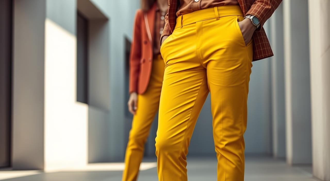 A vibrant and modern outfit featuring a bright yellow pair of pants as the focal point. The pants are complemented by a stylish and complementary color palette in the upper body and accessories. In the foreground, a neatly tailored button-up shirt in a rich, earthy tone provides a sophisticated contrast. In the middle ground, a lightweight, textured blazer in a deep, vibrant hue adds depth and visual interest. The background features a minimalist, urban setting with clean lines and neutral tones, allowing the dynamic color combinations to take center stage. Soft, natural lighting accentuates the warmth and energy of the ensemble, creating an inviting and fashionable atmosphere.