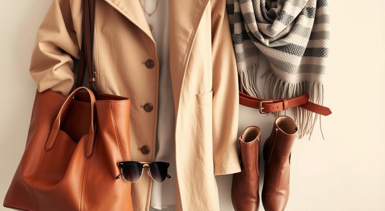 A casual yet stylish outfit featuring a beige coat, with an array of accessories that complement the neutral tone. In the foreground, various accessories such as a leather tote bag, a delicate gold necklace, and a pair of oversized sunglasses are artfully arranged. The middle ground showcases a pair of ankle boots and a cozy knit scarf, adding texture and depth to the composition. In the background, a subtly patterned scarf and a sleek leather belt complete the layered, harmonious look. The lighting is soft and natural, highlighting the warm tones of the ensemble and creating a sense of elegance and sophistication.