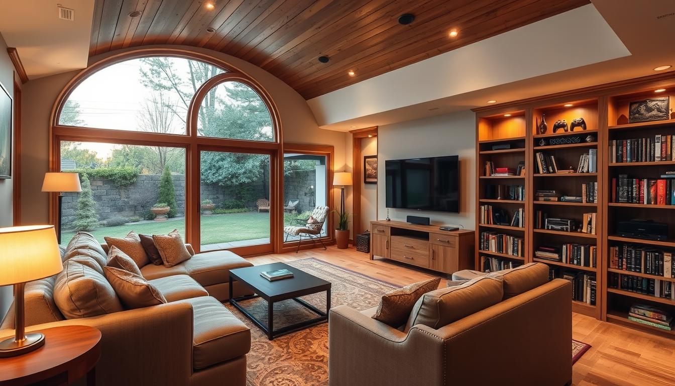 A cozy and inviting entertainment space with a plush sectional sofa, a large flatscreen TV mounted on the wall, and ambient lighting from floor lamps and recessed ceiling fixtures. The room has a warm, earthy color palette with wooden accents and a decorative rug underfoot. Bookshelves line the walls, filled with a mix of novels, entertainment and gaming systems. A large, arched window provides natural light and a view of a lush backyard, creating a tranquil and relaxing atmosphere perfect for unwinding and enjoying quality time.