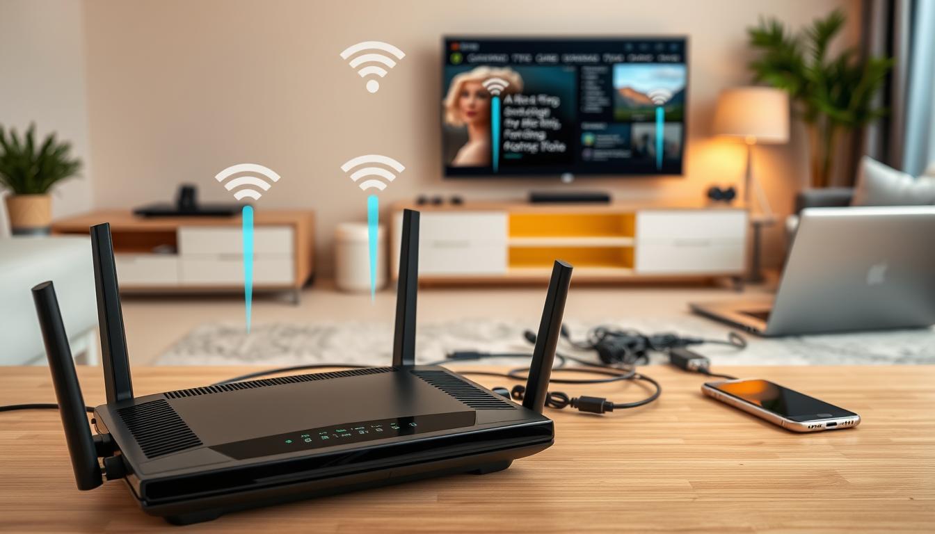 A well-designed home network setup with a wireless router prominently displayed, showcasing various network connectivity settings and configurations. The router is positioned in the foreground, surrounded by other networking equipment like a smart TV, laptop, and smartphone, all connected via a seamless Wi-Fi connection. The middle ground features a neatly organized array of network cables, adapters, and other accessories, while the background depicts a cozy, modern home interior with warm lighting and minimalist decor, suggesting a comfortable and efficient home entertainment experience. The overall scene conveys a sense of technological harmony and optimization, reflecting the article's focus on optimizing TV connectivity through thoughtful network setup.