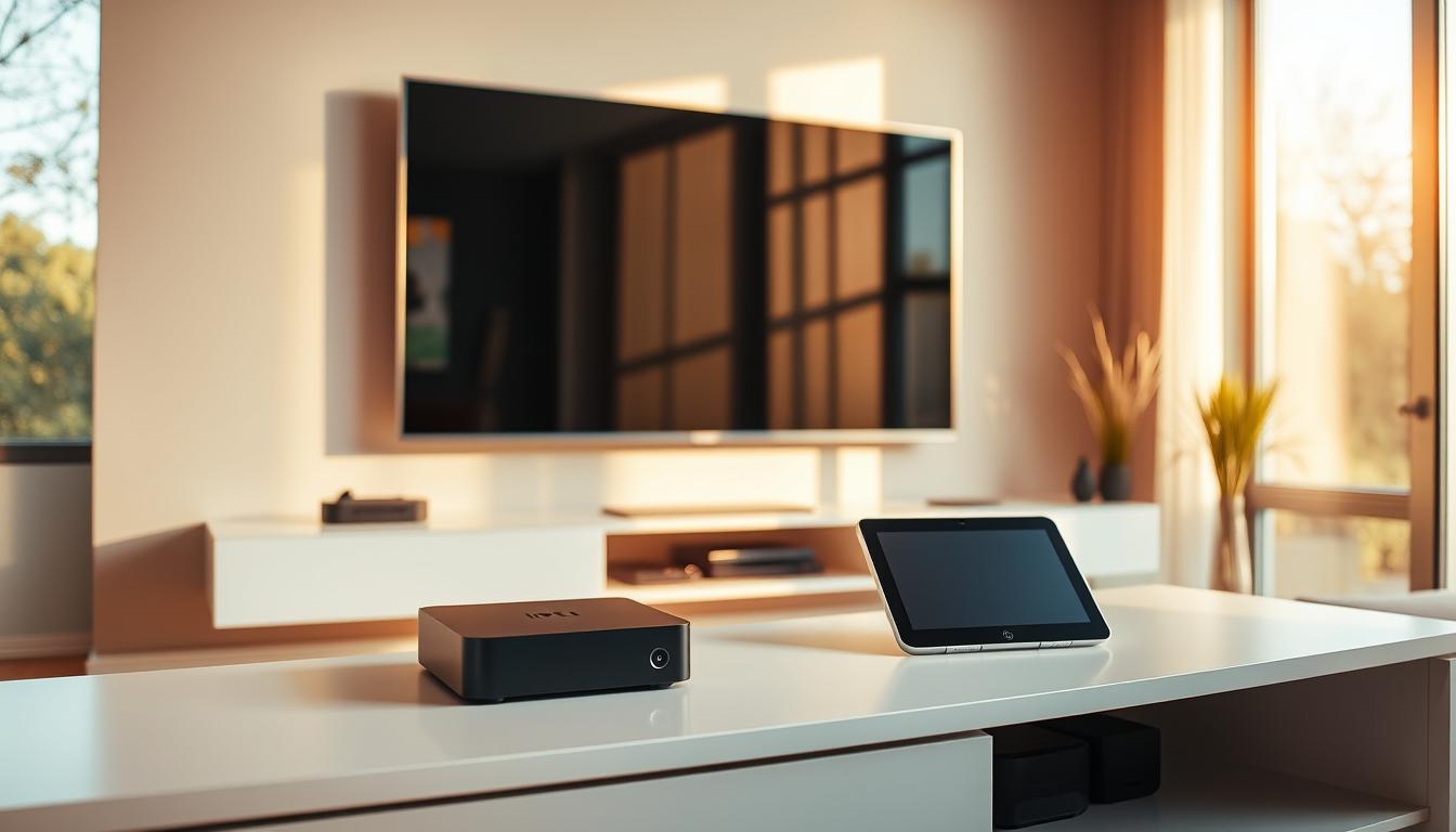 A modern living room setting with a large flat-screen TV mounted on the wall. Various IPTV devices are neatly arranged on a sleek, minimalist entertainment center, including a streaming box, a smart TV, and a tablet. The room is filled with warm, natural lighting from large windows, casting a cozy, inviting atmosphere. The devices are prominently displayed, showcasing their compatibility and versatility for enjoying favorite TV shows and movies on the go. The overall composition emphasizes the seamless integration of IPTV technology into a contemporary home environment.