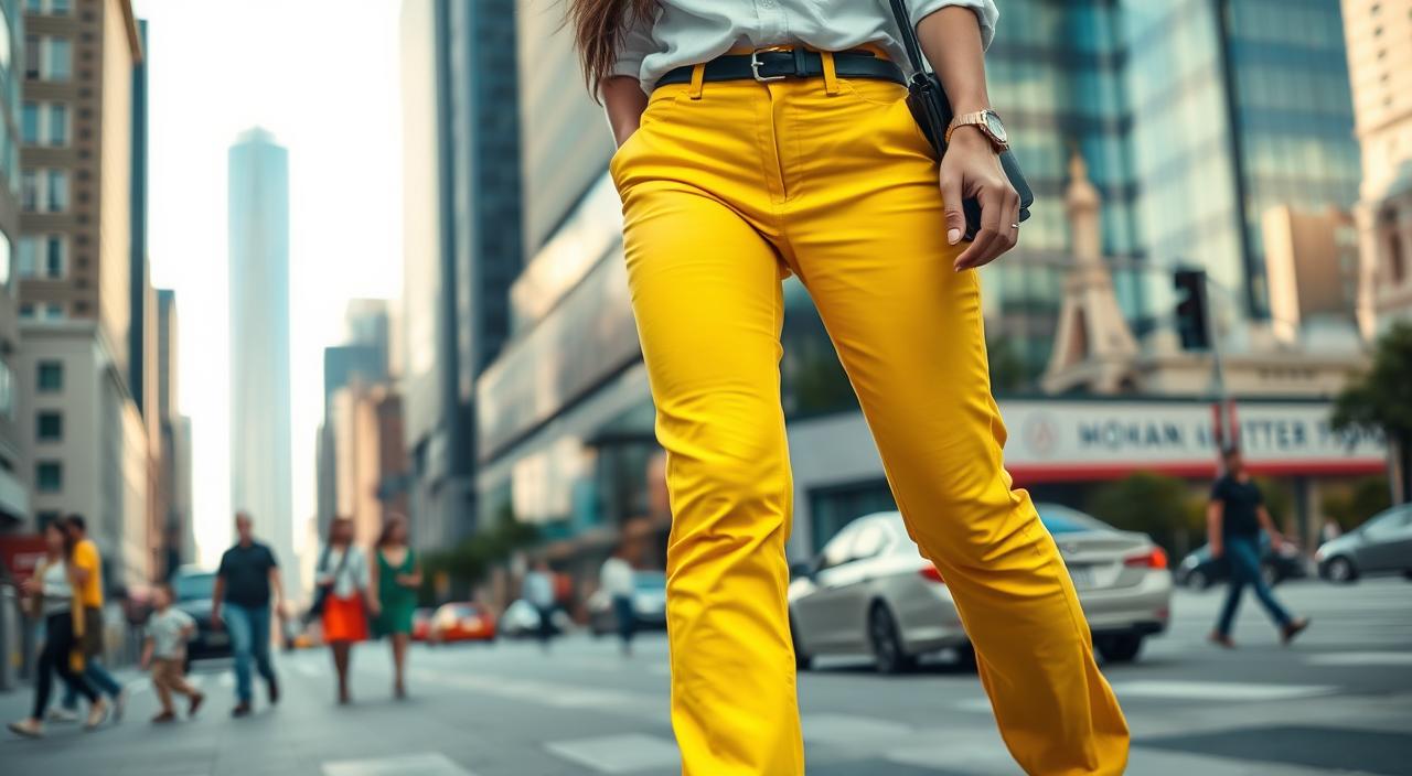 A vivid, sun-drenched day in a modern city setting. In the foreground, a fashionable young woman strides confidently, wearing a striking pair of bright yellow trousers that catch the eye with their vibrant hue and sleek silhouette. Her relaxed, casual outfit is completed with a crisp white shirt, complemented by minimalist accessories. The middle ground features a bustling urban backdrop, with pedestrians and vehicles moving through the frame, adding a sense of energy and life to the scene. In the background, towering skyscrapers and modern architecture frame the image, creating a stylish, contemporary atmosphere. Soft, diffused lighting bathes the entire composition, accentuating the bold colors and lending an effortless, chic ambiance.