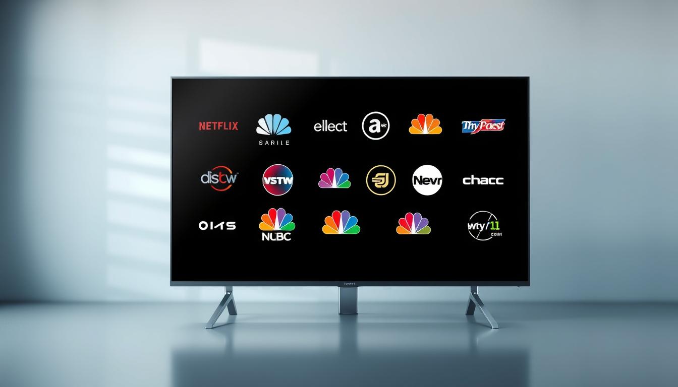 A high-quality image of various pay TV channel logos displayed on a sleek, modern television screen. The screen is set against a blurred, minimalist background in shades of gray and blue, creating a clean, sophisticated aesthetic. The channel logos are prominently featured, arranged in a visually appealing grid layout. The lighting is soft and diffused, highlighting the clarity and vibrancy of the channel branding. The overall composition conveys a sense of choice, curation, and the ability to customize one's television viewing experience.
