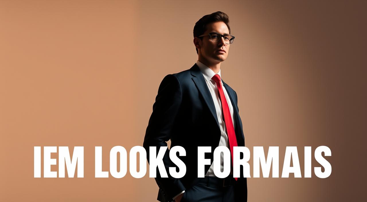 A well-dressed professional standing tall in a formal suit, crisp white shirt, and a vibrant red tie. The lighting is soft and warm, highlighting the sharp silhouette and the rich color of the apparel. The background is a clean, minimalist studio setting, allowing the subject to take center stage. The overall atmosphere exudes an air of sophistication and modern elegance, perfectly capturing the essence of "Elegância em Looks Formais".