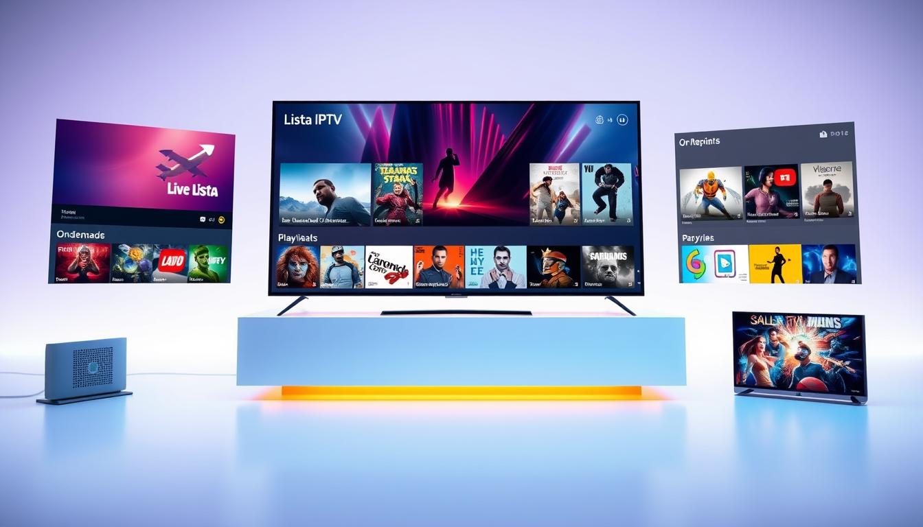 A vibrant illustration of "Lista IPTV", a modern alternative to expensive cable TV packages. The scene depicts a sleek, minimalist interface showcasing various streaming content options. In the foreground, a user-friendly menu system navigates seamlessly between live TV channels, on-demand movies, and curated playlists. The middle ground features high-quality thumbnails and cover art for the available content, tempting the viewer to explore further. The background is a clean, uncluttered design, with a subtle gradient or pattern that establishes a professional, technology-driven atmosphere. The overall lighting is soft and balanced, creating a sense of clarity and accessibility. The camera angle is slightly elevated, allowing the viewer to appreciate the organized layout and intuitive user experience.