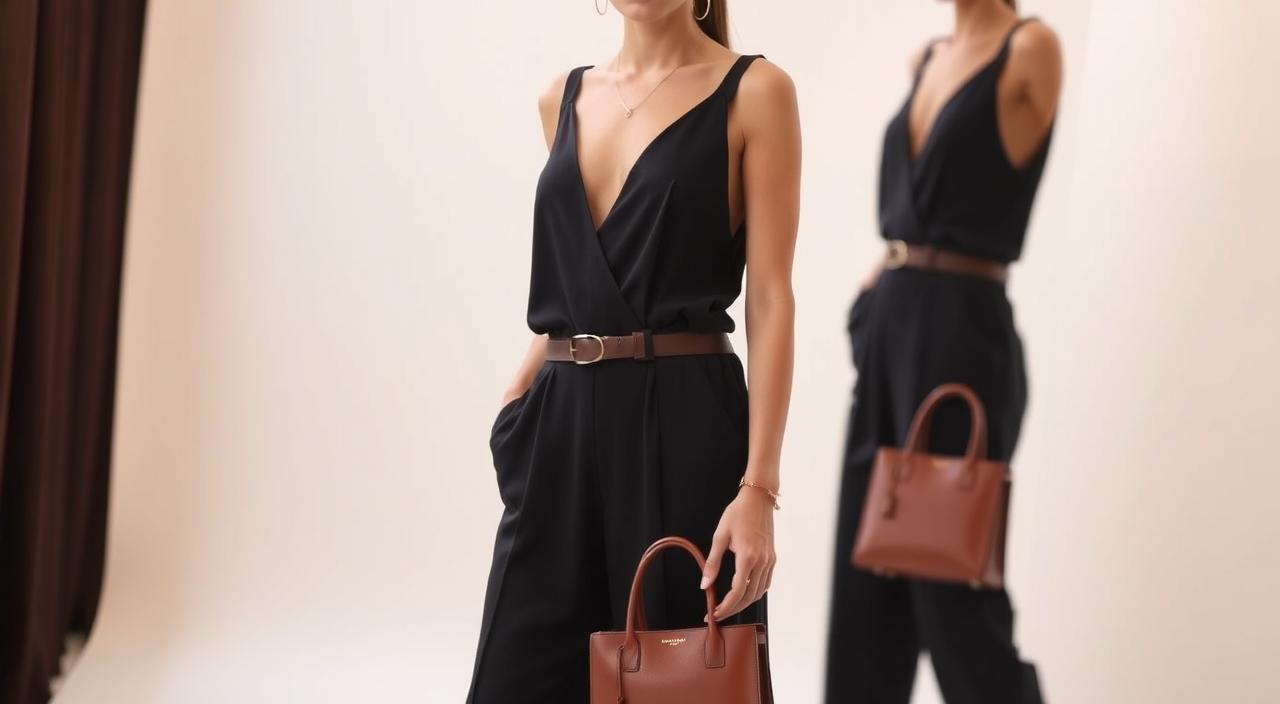 A chic black jumpsuit with a flattering silhouette takes center stage, accented by a stylish assortment of complementary accessories. In the foreground, a sleek leather belt cinches the waist, adding a touch of sophistication. Delicate gold jewelry, including a delicate pendant necklace and small hoop earrings, add a refined elegance. In the middle ground, a structured handbag in a rich, neutral tone provides a practical yet fashionable finishing touch. The background features a soft, ethereal lighting, creating a serene and elevated atmosphere, showcasing the harmonious blend of the jumpsuit and its thoughtfully selected accessories.