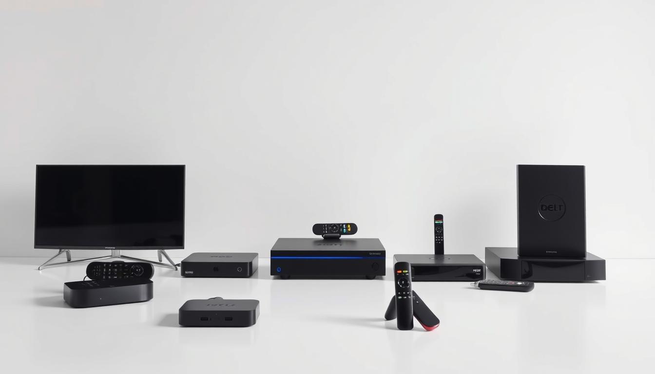 A high-quality comparison of television service options, showcasing various set-top boxes, smart TVs, and streaming devices against a minimalist white background. The scene is captured with a clean, professional camera angle, highlighting the products' design and features in vivid detail. Subtle shadows and reflections add depth, while soft, directional lighting creates an inviting, informative atmosphere. The overall composition is visually balanced, guiding the viewer's attention to the key elements of the comparison.