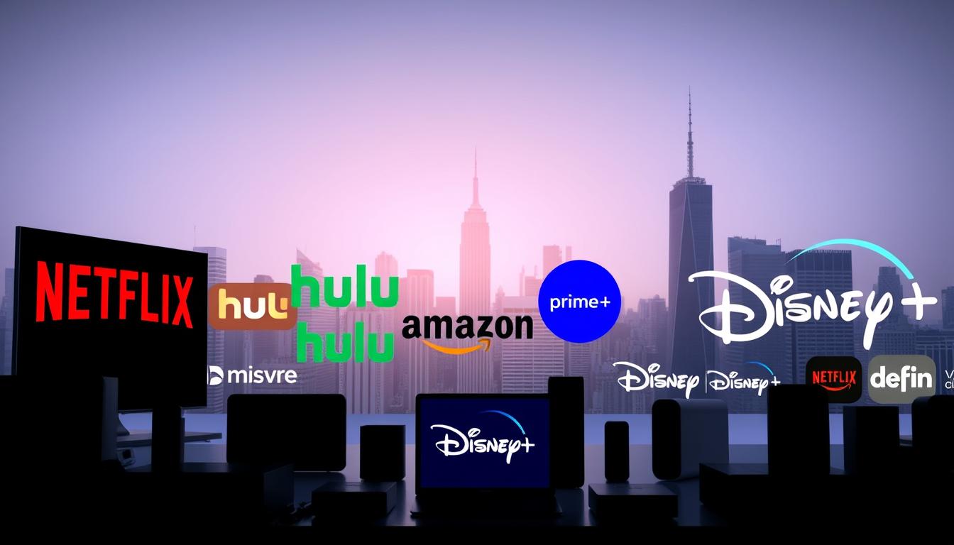 A vibrant collage of popular streaming platforms, showcasing their distinct logos and color schemes against a sleek, modern backdrop. The foreground features the silhouettes of various streaming devices, from smart TVs to smartphones, casting a soft glow. In the middle ground, the logos of platforms like Netflix, Hulu, Amazon Prime Video, and Disney+ are prominently displayed, each with a unique visual identity. The background is a minimalist cityscape, with skyscrapers and urban architecture suggesting a cosmopolitan, tech-savvy setting. The overall composition conveys the ubiquity and accessibility of online streaming in the digital age, reflecting the diversity of options available to modern viewers.