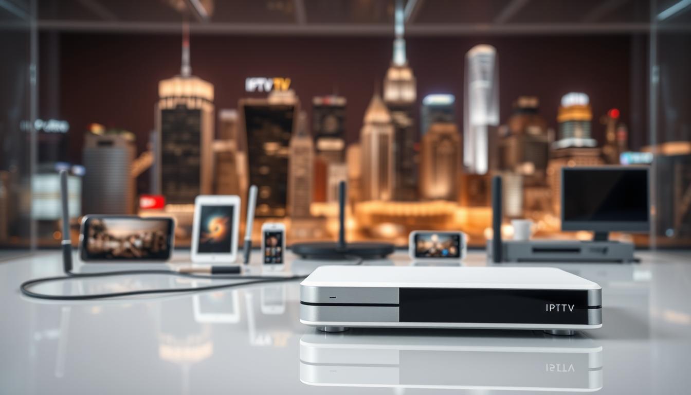 TV sem limites: como ver o que quiser, onde quiser 1 A high-quality, detailed image of IPTV technology. In the foreground, a sleek, modern IPTV set-top box with clean lines and a minimalist design. The device is positioned on a glossy, reflective surface, creating a sense of depth and sophistication. In the middle ground, various devices such as smartphones, tablets, and smart TVs are arranged, all connected to the IPTV system via wireless and wired connections, showcasing the seamless integration of the technology. The background features a blurred, futuristic cityscape with skyscrapers and neon lights, hinting at the boundless possibilities of IPTV in a modern, connected world. The lighting is soft and diffused, creating a warm, inviting atmosphere that highlights the advanced yet user-friendly nature of the IPTV system.
