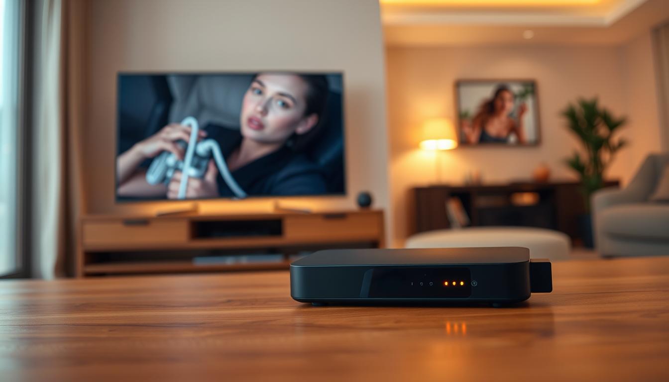 A modern, sleek streaming technology setup. In the foreground, a high-definition smart TV with a minimalist design, its screen displaying a captivating visual. In the middle ground, a state-of-the-art streaming device, its sleek lines and subtle LED indicators suggesting advanced connectivity. The background is a warm, cozy living room, with soft lighting emanating from hidden sources, creating a comfortable and immersive atmosphere. The entire scene conveys the seamless integration of cutting-edge streaming technology into a harmonious domestic setting, reflecting the smooth and efficient nature of modern digital media consumption.