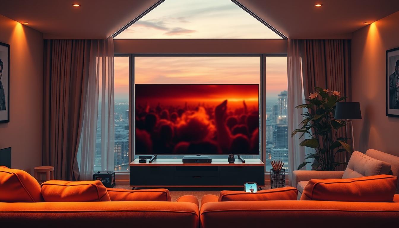 A lush, cinematic scene depicting the concept of "streaming de TV". A modern living room in warm, inviting tones serves as the foreground, with a large flatscreen TV prominently displayed. Various streaming devices such as a smart TV, set-top box, and smartphone are visible, showcasing the diverse options for accessing TV content. The middle ground features a cozy sofa and armchair, creating a comfortable viewing environment. In the background, a window offers a glimpse of a cityscape, hinting at the boundless possibilities of streaming TV in the digital age. The lighting is soft and atmospheric, evoking a sense of relaxation and entertainment. The overall composition conveys the seamless integration of traditional television and innovative streaming platforms.