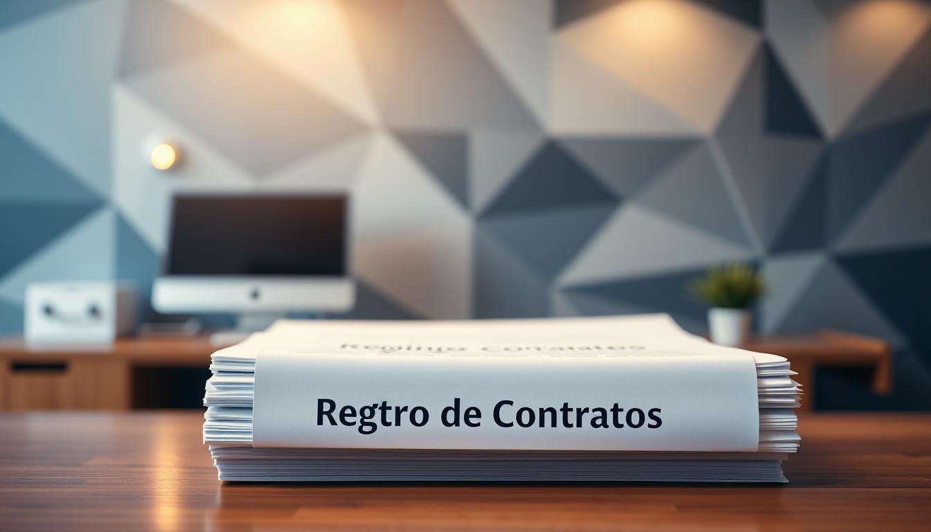 A modern, minimalist office setting with a wooden desk, a computer monitor, and a stack of legal documents labeled "Registro de Contratos". The lighting is warm and diffused, creating a professional yet inviting atmosphere. The background features a blurred geometric pattern in shades of blue and gray, suggesting the paperwork and administrative nature of the scene. The composition draws the viewer's attention to the central documents, conveying the importance of contract registration in a clean, organized manner.