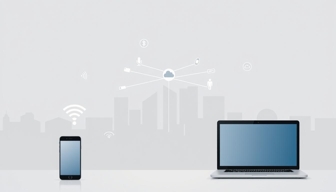 A modern, minimal, and technical illustration depicting the "Requisitos técnicos para assistir em vários dispositivos". In the foreground, a smartphone, tablet, and laptop are arranged neatly, with various connectivity icons and symbols floating around them, representing Wi-Fi, Bluetooth, HDMI, and other streaming protocols. The middle ground features a sleek, high-contrast network diagram with nodes, cables, and cloud symbols, conveying the idea of cross-device connectivity and media distribution. In the background, a muted, gradient-based cityscape or abstract geometric shapes provide a clean, futuristic aesthetic. The overall mood is one of simplicity, efficiency, and technological prowess, perfectly suited to illustrate the technical requirements for multi-device streaming.