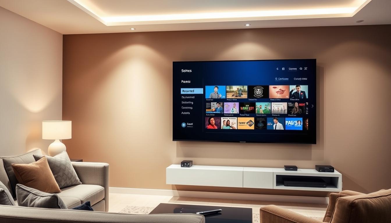 A modern and minimalist living room interior, with a large flat-screen TV mounted on the wall. The TV screen displays a user interface for accessing recorded television programming, with a sleek and intuitive design. The room is well-lit, with soft, diffused lighting from overhead fixtures and floor lamps, creating a cozy and inviting atmosphere. The walls are a neutral, earthy tone, and the furniture, including a comfortable sofa and armchair, are in complementary colors. The overall composition emphasizes the ease and convenience of accessing recorded TV content, showcasing the seamless integration of technology into the home environment.