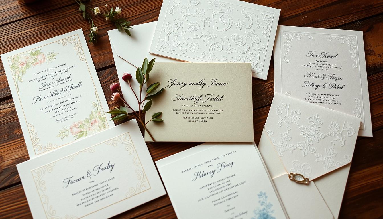A collection of elegant, hand-crafted seasonal wedding invitations arranged artfully on a rustic wooden table. The invitations feature delicate floral patterns, embossed textures, and muted color palettes that evoke the essence of each season - pastel blooms for spring, lush greenery for summer, vibrant autumn leaves, and icy snowflakes for winter. Soft, diffused lighting casts a warm, romantic glow, highlighting the intricate details and premium materials. The overall composition conveys a sense of timeless sophistication and attention to detail that would captivate any recipient.