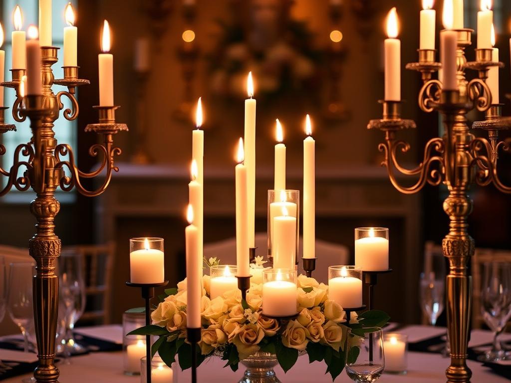 A centerpiece of elegance and romance, a tableau of candelabras adorned with flickering taper candles, casting a warm, golden glow across a tabletop setting. The sleek, tapered candles stand tall, their flames dancing atop slim black candlesticks, while ornate, multi-armed candelabras frame the scene, their metallic surfaces gleaming in the soft light. The scene is bathed in a cozy, intimate atmosphere, the flames casting gentle shadows and illuminating the surrounding decor, creating a mood of timeless sophistication perfect for a wedding celebration.