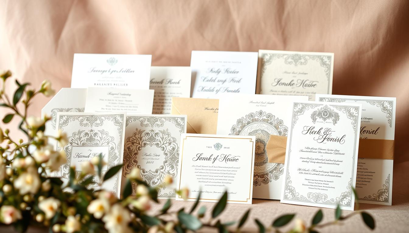 A beautiful collection of elegant wedding invitation designs, showcasing a variety of classic, modern, rustic, and vintage styles. In the foreground, a delicate floral arrangement frames a selection of exquisite invitation cards, their intricate patterns and textures reflecting the style and personality of the celebration. The middle ground features a selection of minimalist, geometric designs alongside ornate, vintage-inspired invitations with intricate calligraphy. In the background, a soft, muted color palette creates a warm, romantic atmosphere, accentuating the beauty and diversity of the wedding invitation options. Captured with a shallow depth of field, the image invites the viewer to explore and discover their perfect invitation style.