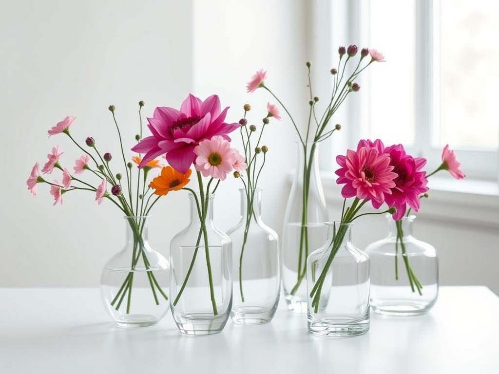 A sophisticated still life featuring an arrangement of elegant glass vases on a minimalist white surface. The vases are of varying shapes and sizes, with clean lines and a glossy, translucent finish that reflects the soft, natural lighting from an unseen window. Delicate, vibrant blooms in a range of colors burst forth from the vases, their petals and stems lending a lush, organic contrast to the sleek, angular glass forms. The composition is balanced and harmonious, drawing the eye to the interplay of texture, shape, and hue. Captured with a shallow depth of field, the scene exudes a sense of quiet, contemplative beauty.