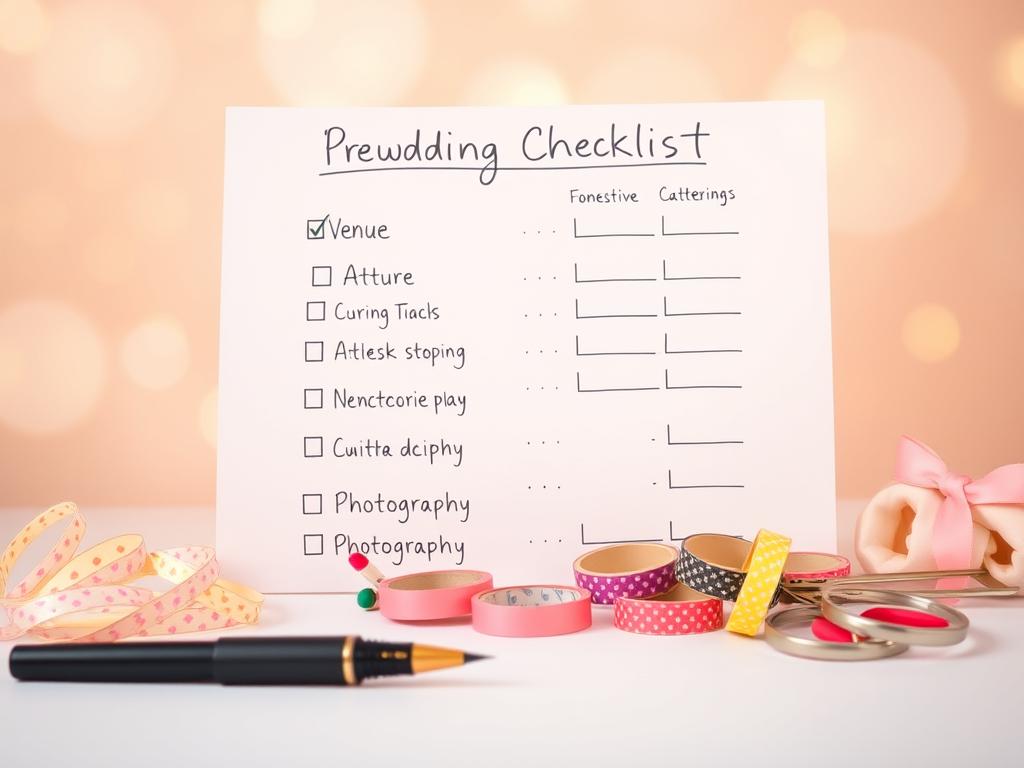 A neatly organized, handwritten pre-wedding checklist against a soft, pastel-colored background. In the foreground, a calligraphy pen, a pair of scissors, and colorful stationery items like ribbons, washi tape, and glue sticks. The middle ground features the checklist itself, with categories like "Venue", "Attire", "Catering", and "Photography", each with bullet points and checkboxes. The background has a dreamy, out-of-focus effect, suggesting a serene, calming atmosphere. Warm, diffused lighting casts a gentle glow, creating a sense of tranquility and focus on the planning process. The overall mood is one of organized, stress-free wedding preparation.