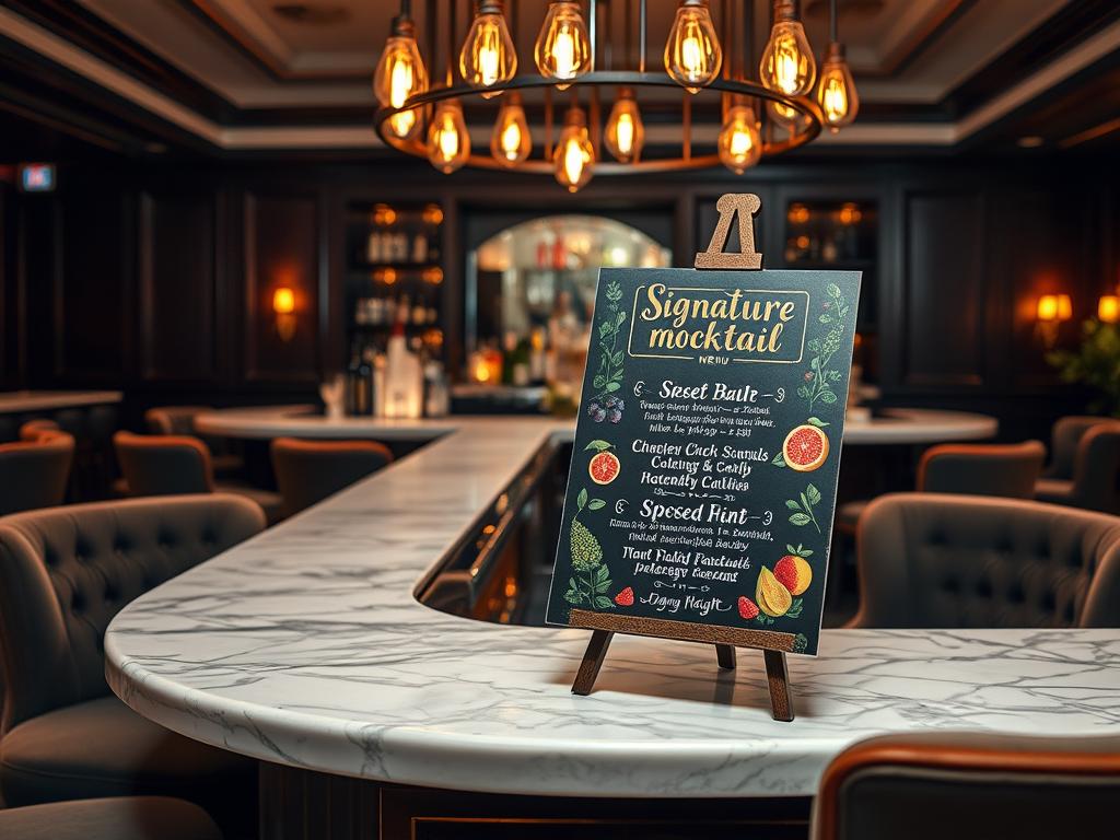 A stylish and elegant marble-topped bar, softly lit by warm Edison bulbs overhead. On the bar, a beautifully hand-written "Signature Mocktail Menu" displayed on a chalkboard easel, offering a tempting selection of non-alcoholic cocktails. The menu features lush illustrations of fresh ingredients like berries, citrus, and herbs, hinting at the vibrant, complex flavors within. The atmosphere is sophisticated yet inviting, with plush velvet chairs and a sleek, modern aesthetic, creating the perfect setting for a memorable wedding celebration.