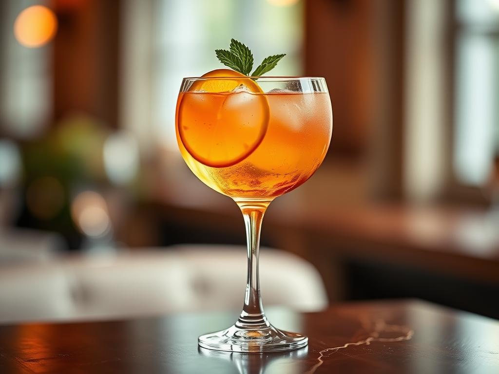 A beautifully crafted mocktail in a chic, stemmed glass, garnished with a delicate sprig of fresh mint and a thin slice of citrus fruit. The drink is set against a softly blurred background, with a gentle play of warm, natural lighting that casts a subtle glow and highlights the vibrant colors of the beverage. The overall scene exudes an elegant, refined atmosphere, inviting the viewer to savor the craftsmanship and complexity of this non-alcoholic cocktail creation, perfect for a sophisticated wedding reception.